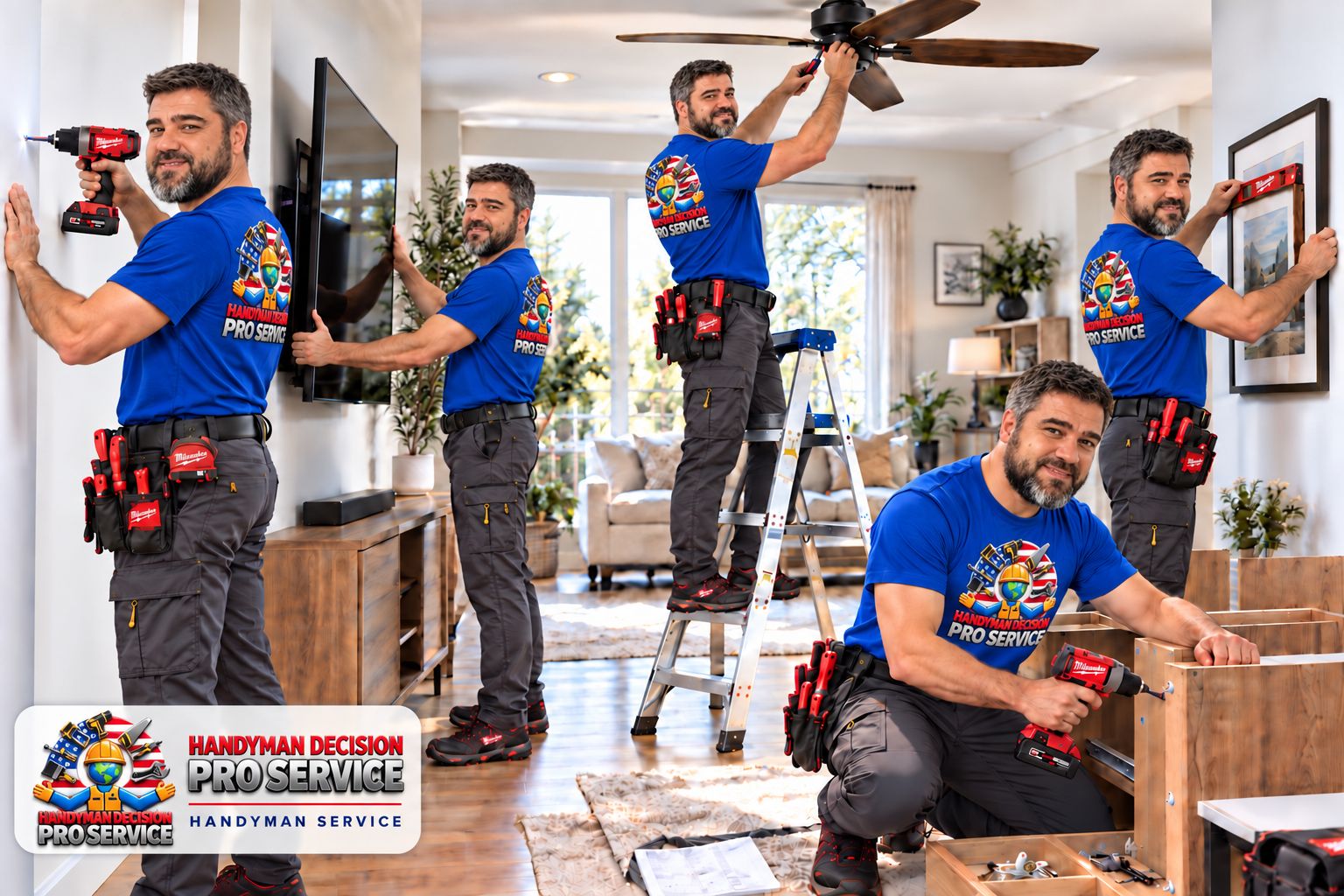The Handyman Decision crew mounting a TV, installing a ceiling fan and assembling furniture